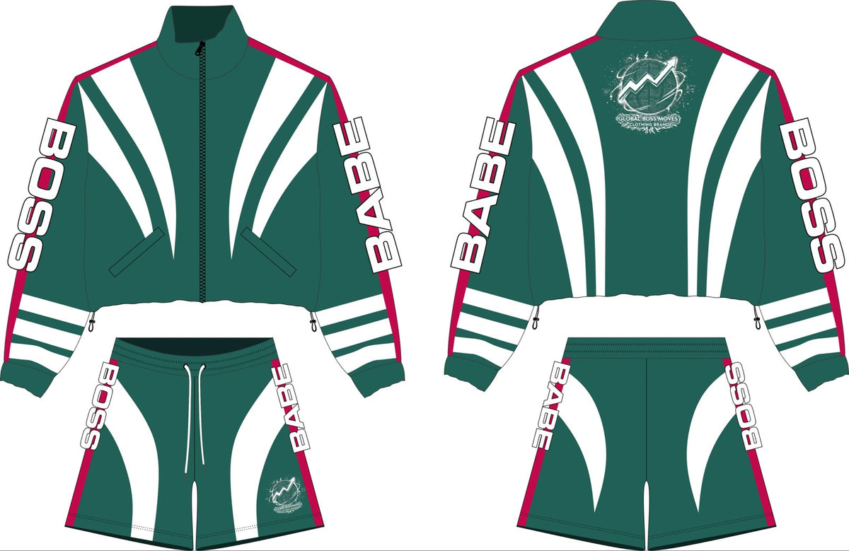 SOLED UP forest green matching track jacket and shorts set with white panels, magenta piping, and BOSS BABE typography.